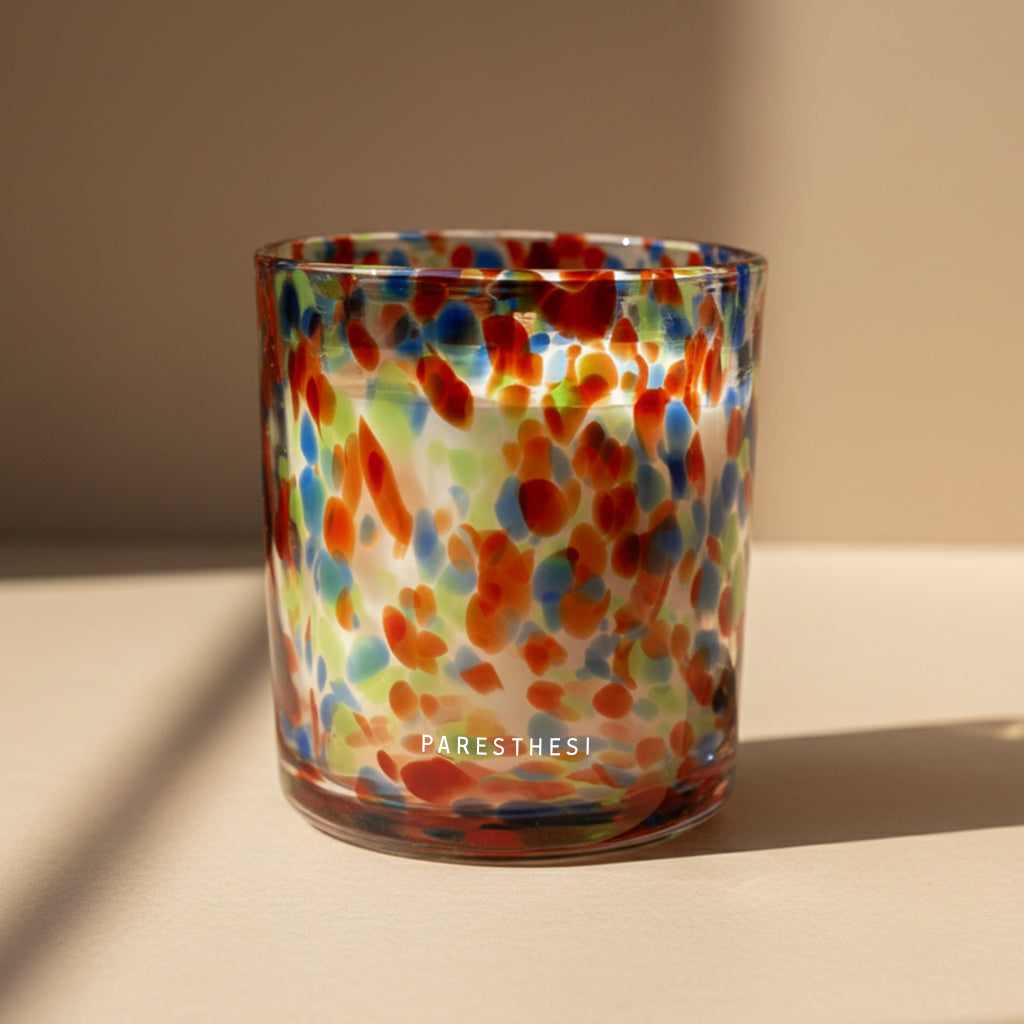 Colorful glass tumbler with 'PARESTHESI' branding on a beige background