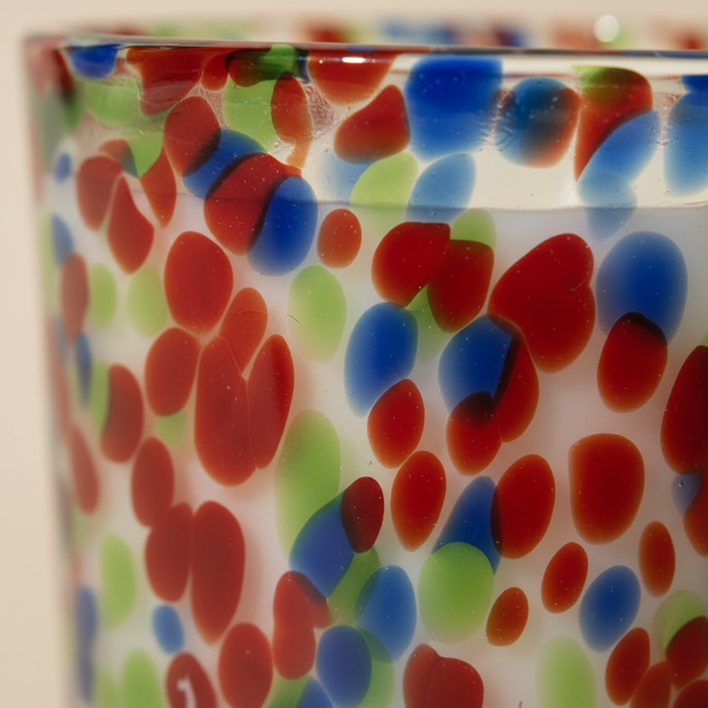 Close-up of a glass with multicolored dot pattern
