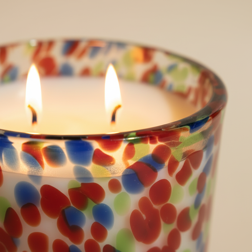 Colorful patterned candle holder with a white candle inside on a beige background