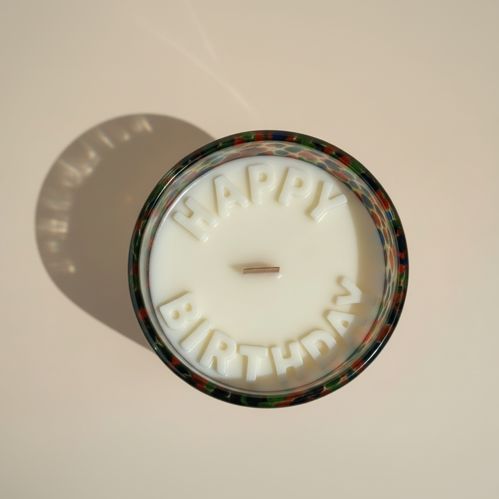 Candle with 'Happy Birthday' text in a colorful holder on a beige background
