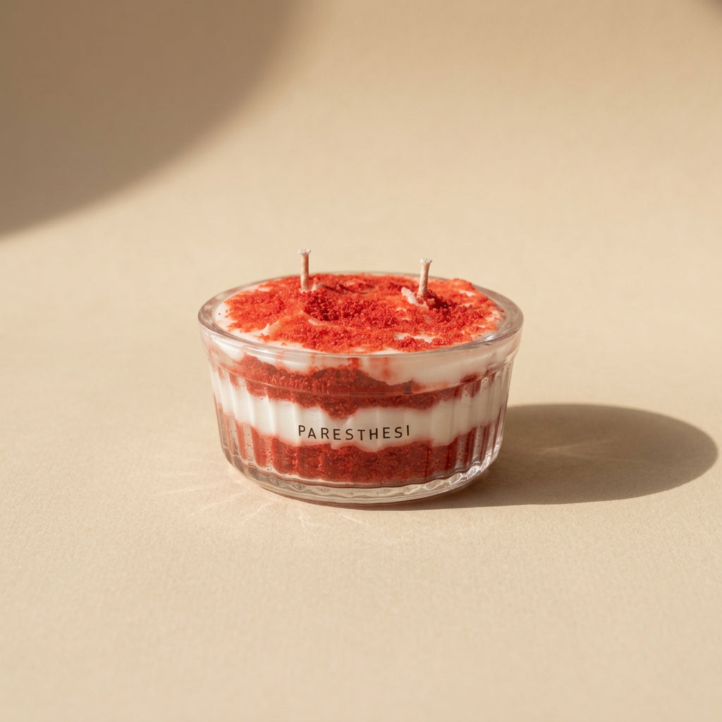 A small clear glass candle jar with two wicks, filled with layered red and white wax resembling a red velvet cake, on a warm beige background. The brand name 'PARESTHESI' is printed on the front of the glass.