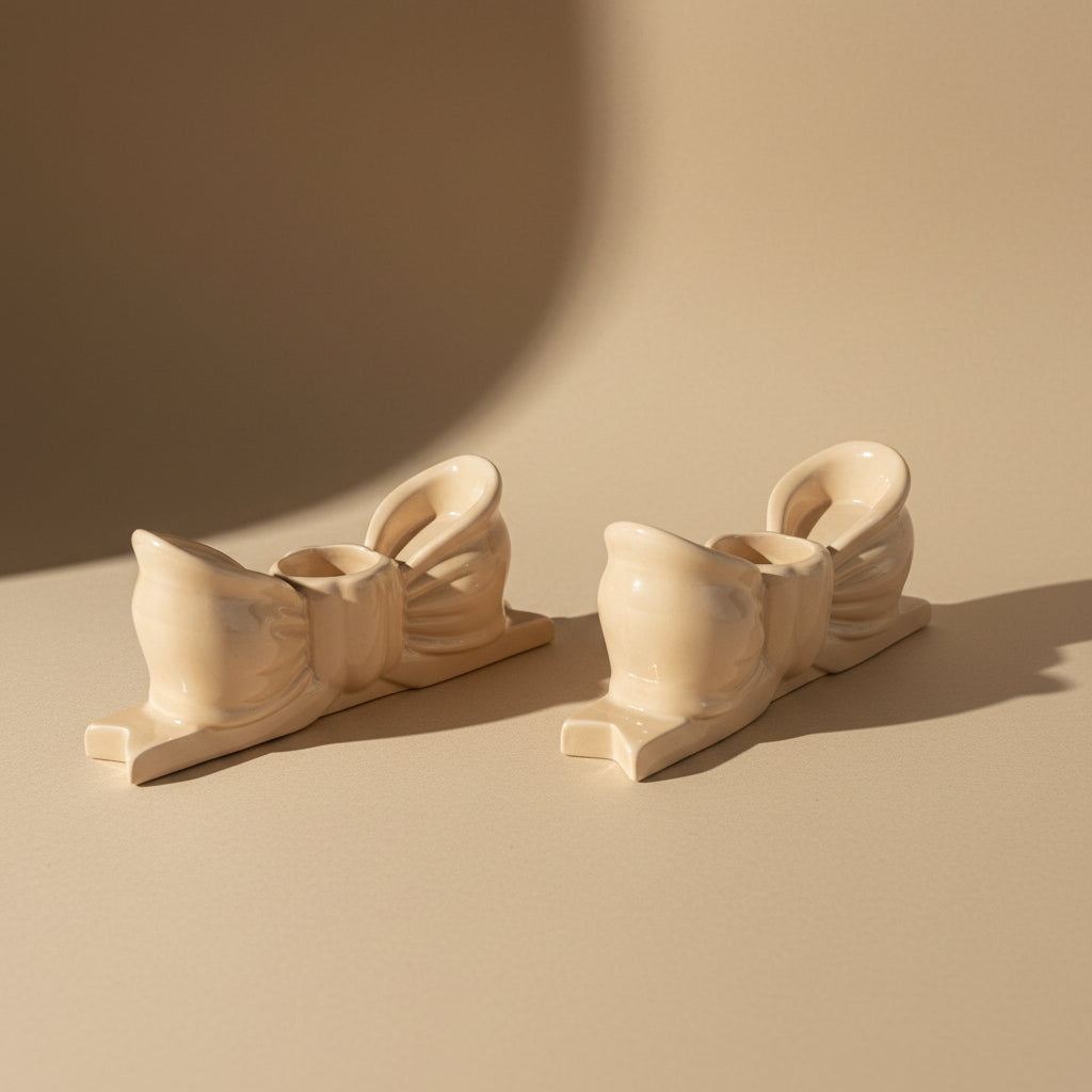 Two white candles in beige candle holders in a ribbon -shaped, on a beige background