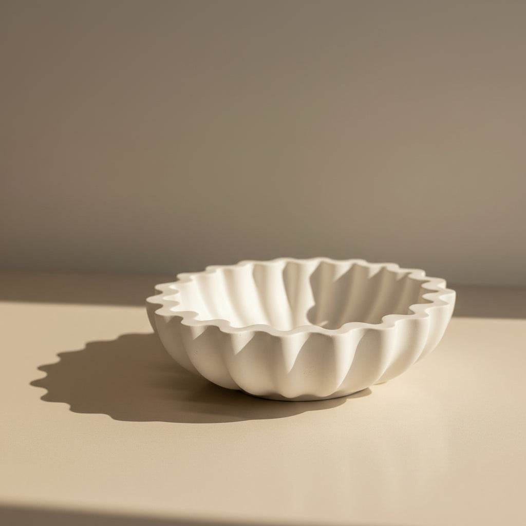 White porcelain bowl with textured design on a beige surface