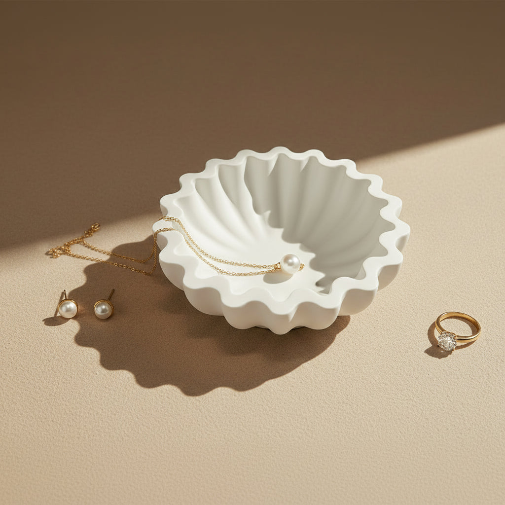 White porcelain bowl with textured design and jwellery on a beige surface