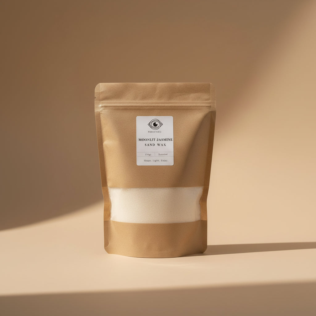 Container of Moonlit Jasmine Sand Wax with a label on a shelf.