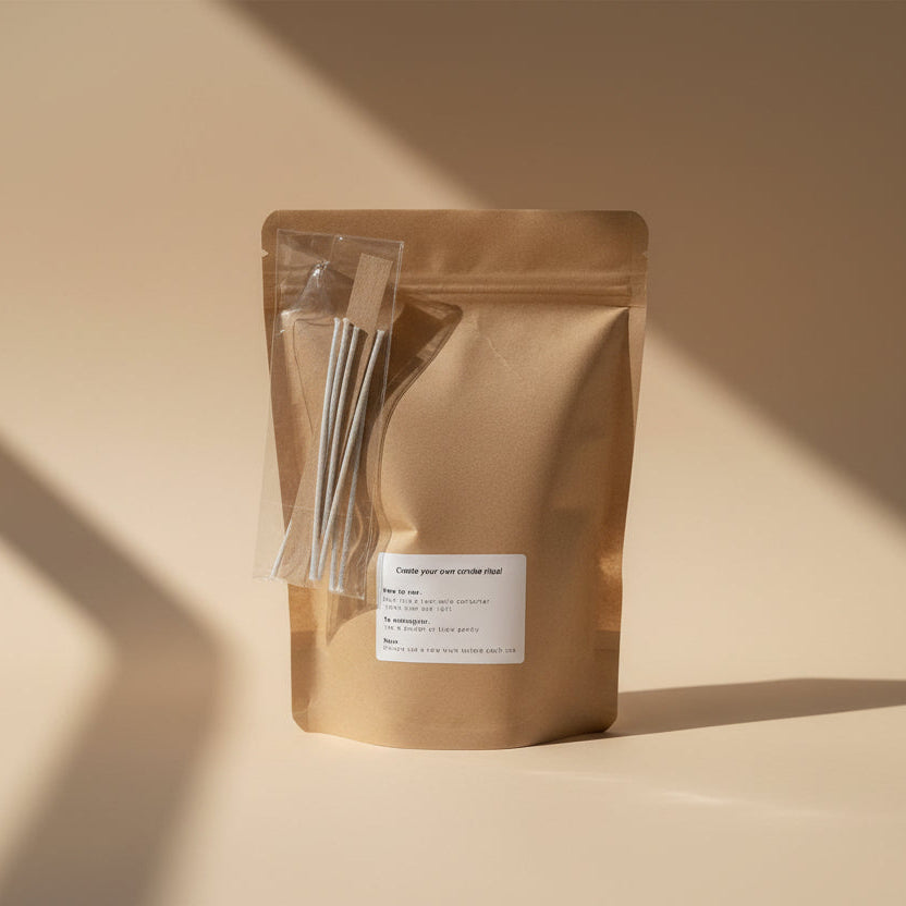 Brown paper packaging with a label with  cotton and wooden wicks on a beige background