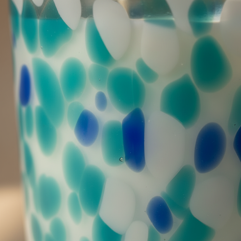 Cylindrical container with blue and green pebble-like pattern on a white background