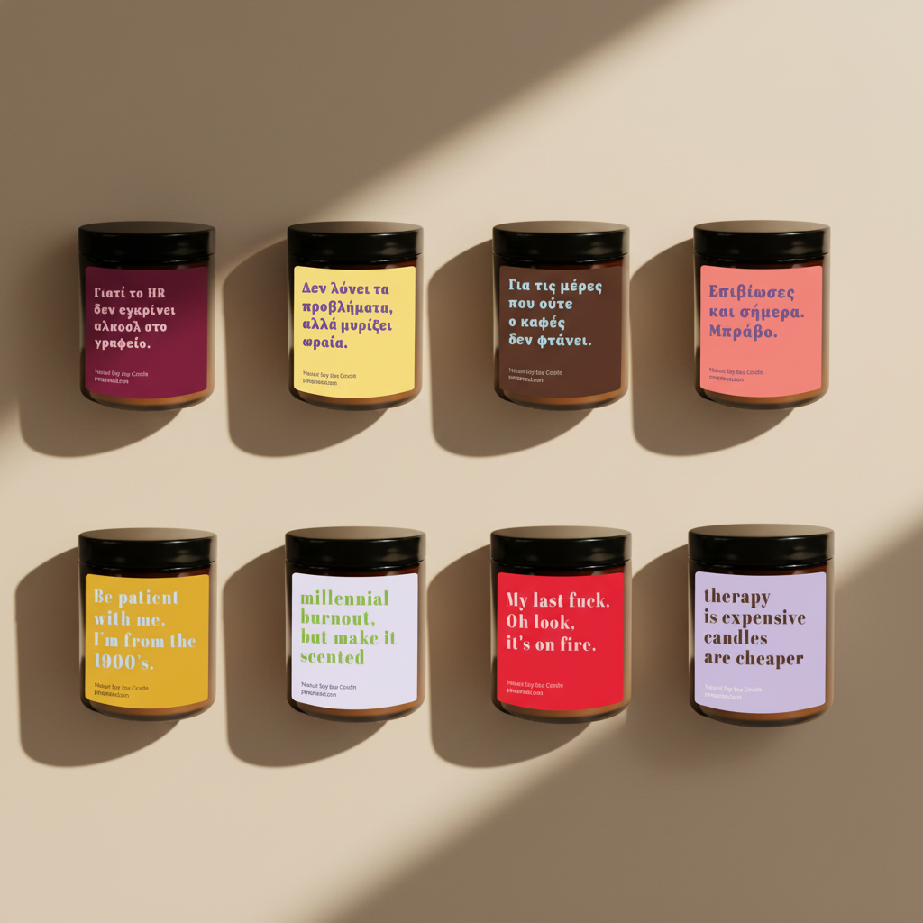 Eight jar candles arranged in two rows on a plain beige background. Each candle has a different colored label with Greek and English text and a dark lid.