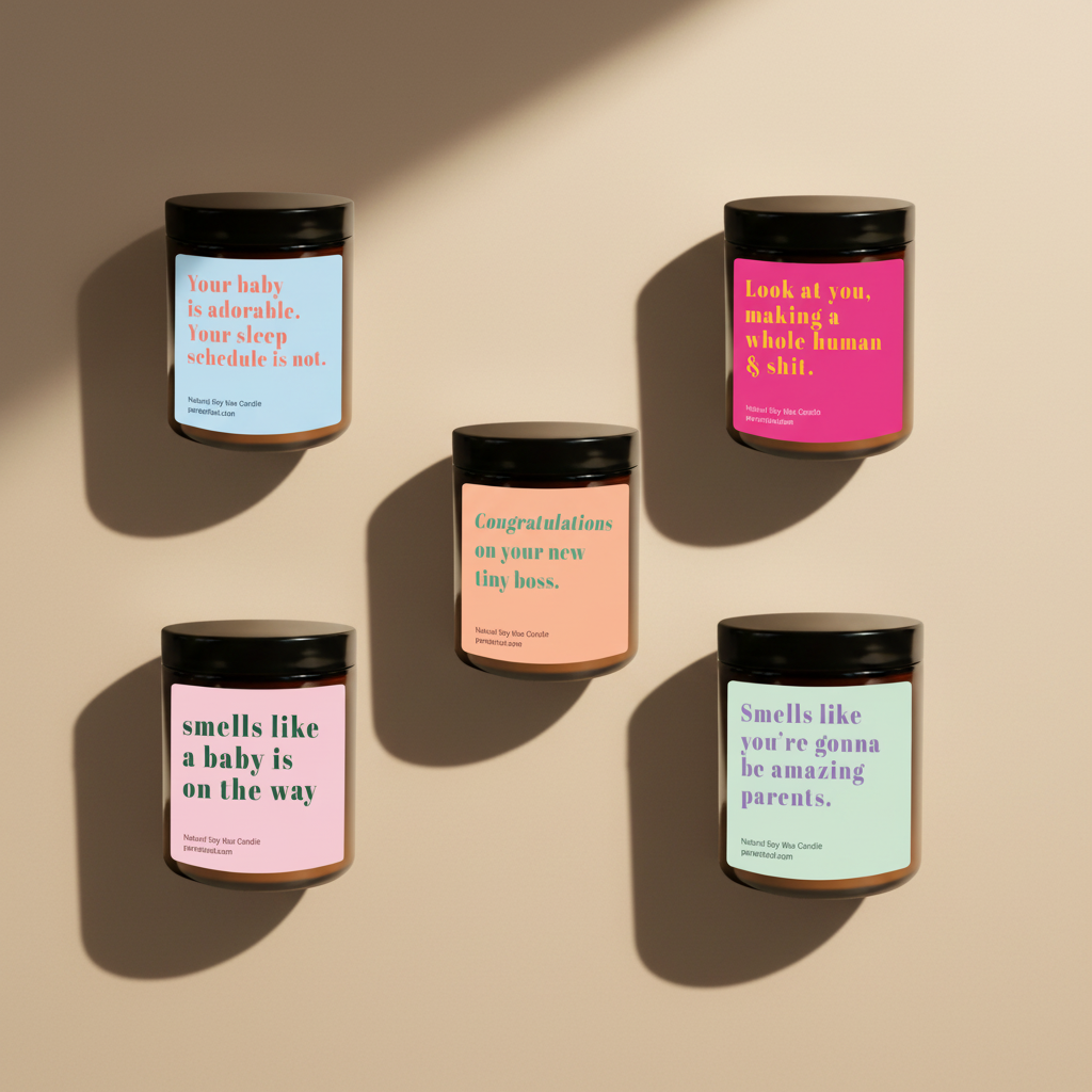 Five brown glass jar candles with black lids and pastel labels arranged on a beige background. The labels feature humorous baby-related quotes in contrasting colors: light blue, hot pink, peach, light pink, and mint green.