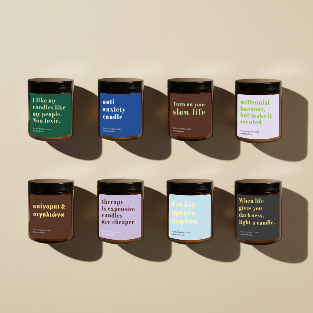 Eight jar candles arranged in two rows on a plain white background. Each candle has a dark lid and a different label color and text