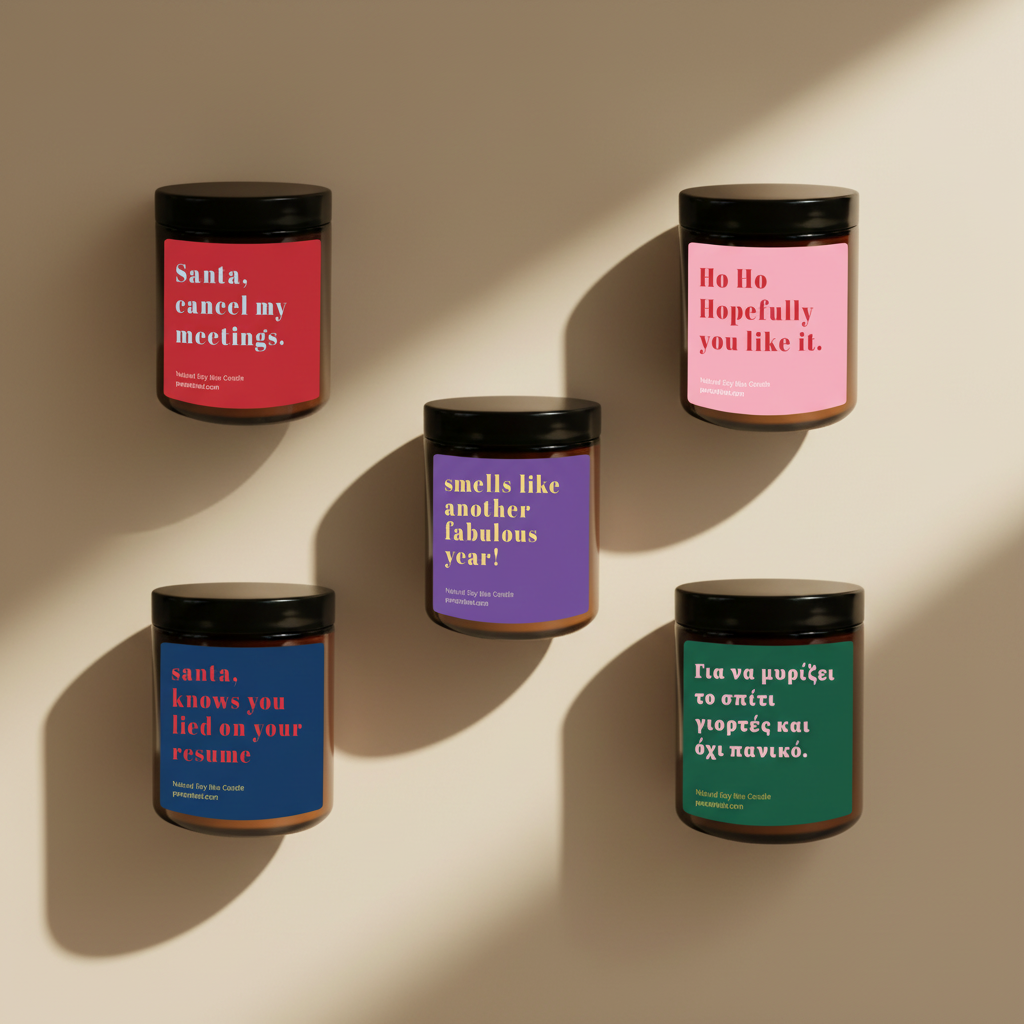 Five candle jars with black lids and colorful labels are arranged on a plain beige background. The labels feature humorous text.