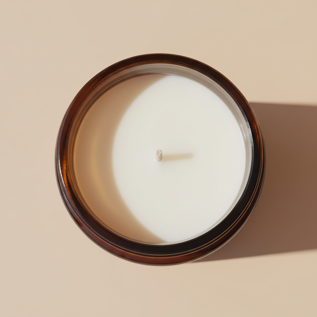 Top-down view of a single-wick candle in a dark amber glass jar with white wax, set against a solid beige background with a soft shadow.