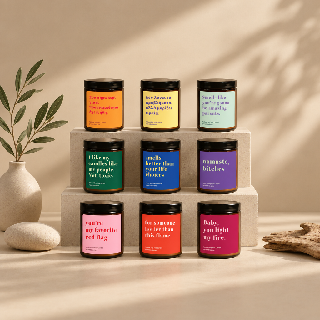 Nine scented candles in black glass jars with colorful printed labels are arranged on a beige pedestal and floor against a warm beige background. Decorative leaves in a small vase and a piece of driftwood appear at the edges.