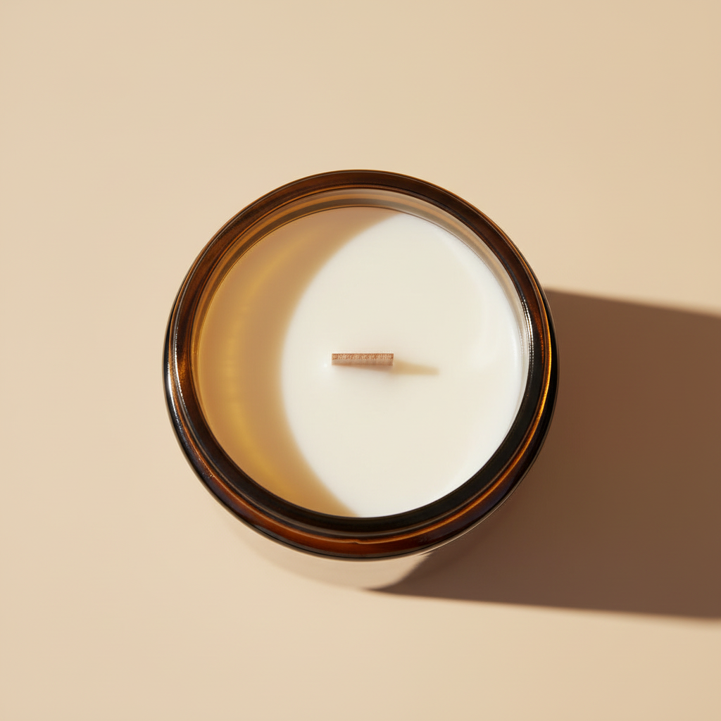 Top-down view of a single-wood wick soy candle in an amber glass jar, set against a solid beige background with a soft shadow.