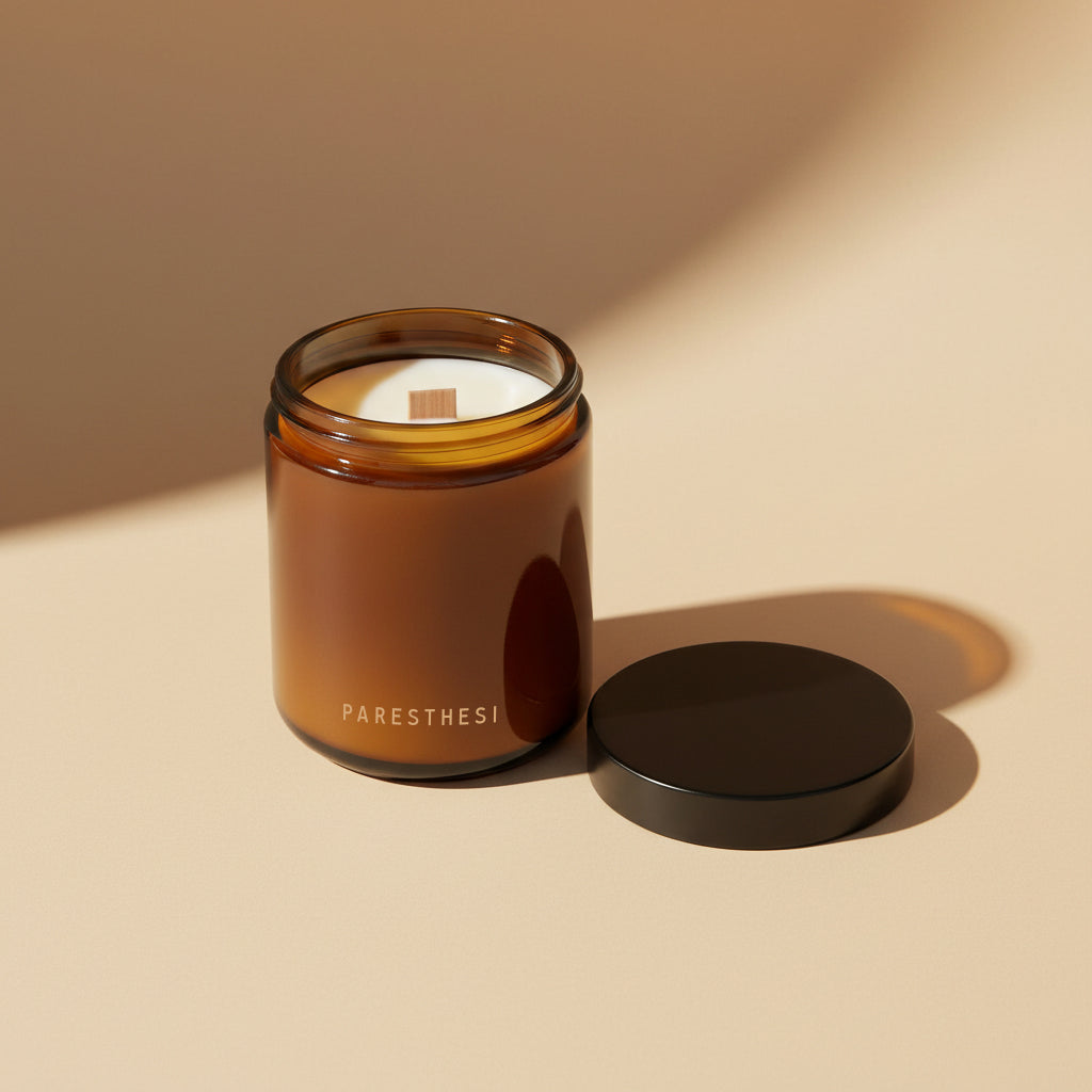 An amber glass jar candle with a wood wick and the brand name 'PARESTHESI' printed in beige near the base, shown next to its black lid on a warm beige background with soft shadows.