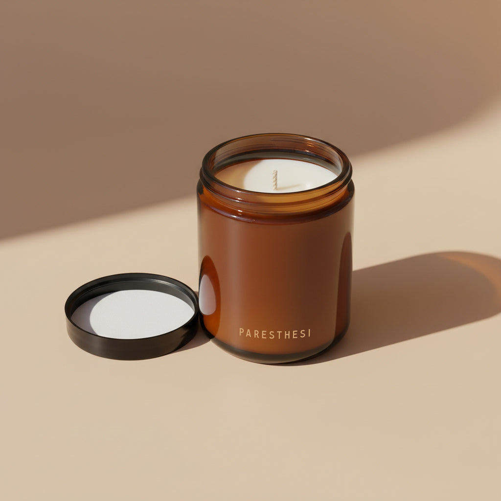 An amber glass jar candle with its black lid placed beside it on a warm beige surface, lit with soft directional sunlight that casts a shadow. The brand name 'PARESTHESI' is printed in beige on the front of the jar.