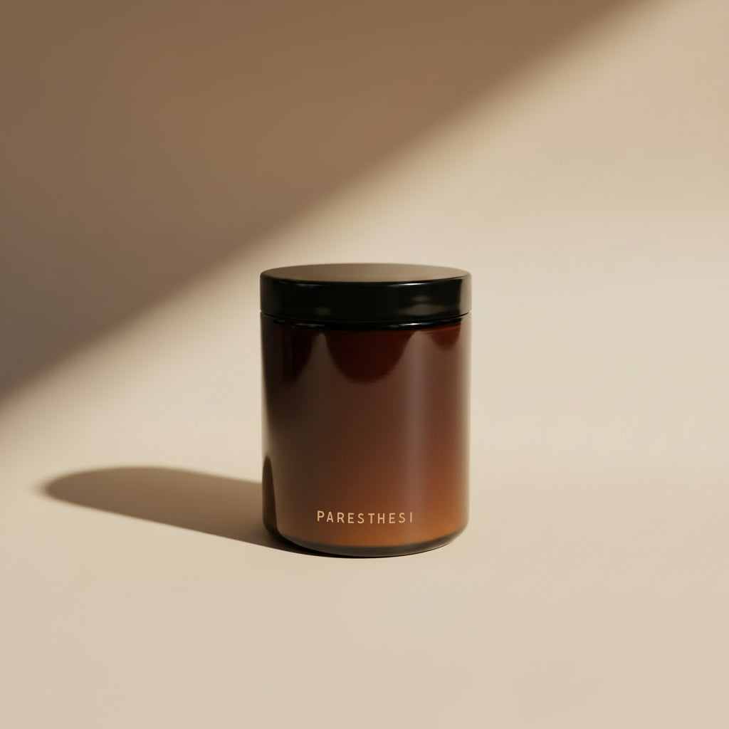 An amber glass jar candle with a black lid and the brand name 'PARESTHESI' printed in gold near the bottom, set against a warm beige background with dramatic diagonal shadows.