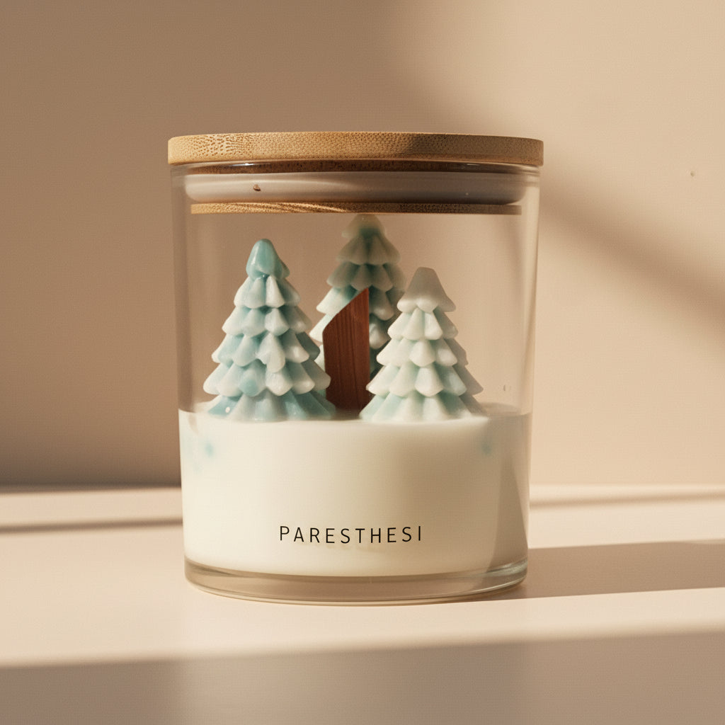 Candle with tree decorations and 'PARESTHESI' branding on a beige