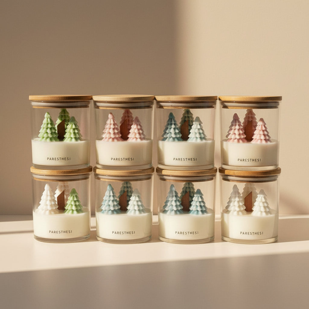 Candle with three decorative trees and a wooden lid on a neutral background