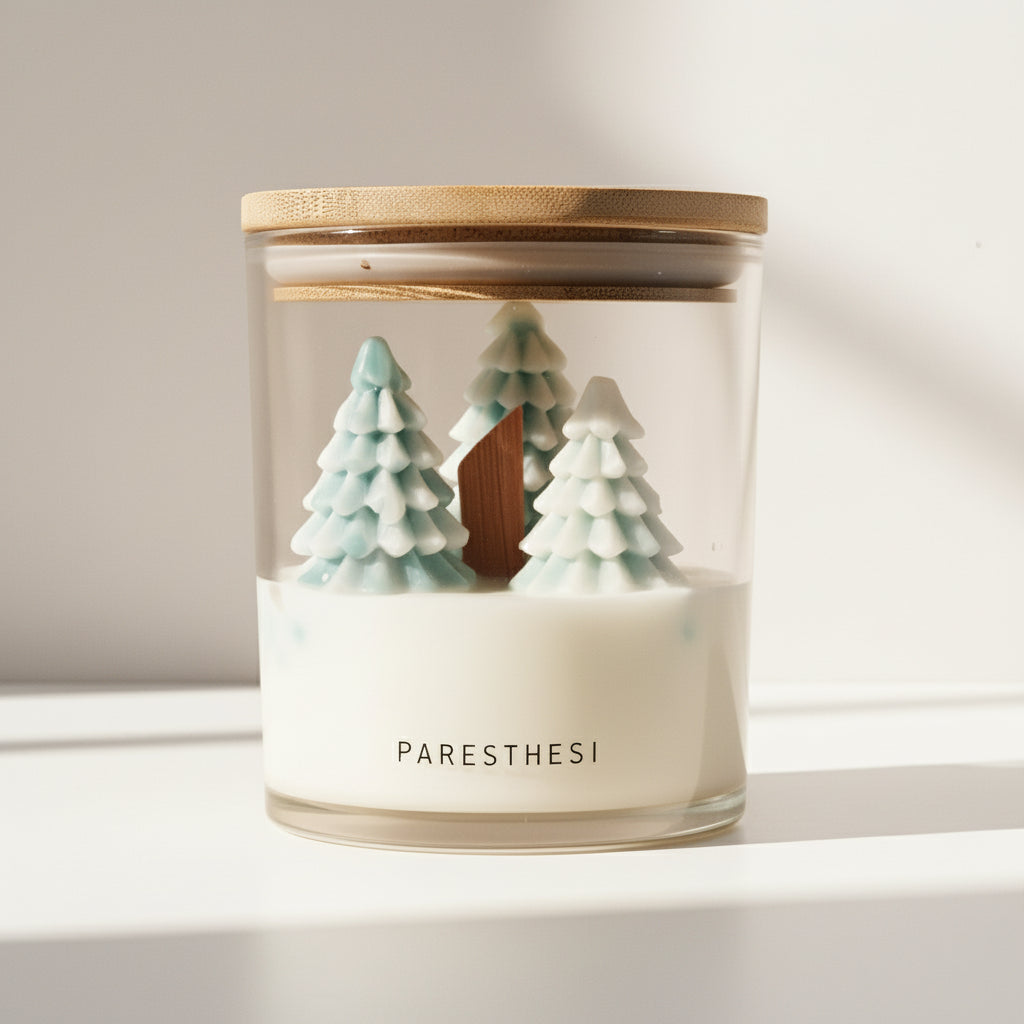 Candle with decorative trees and a wooden lid inside on a light background