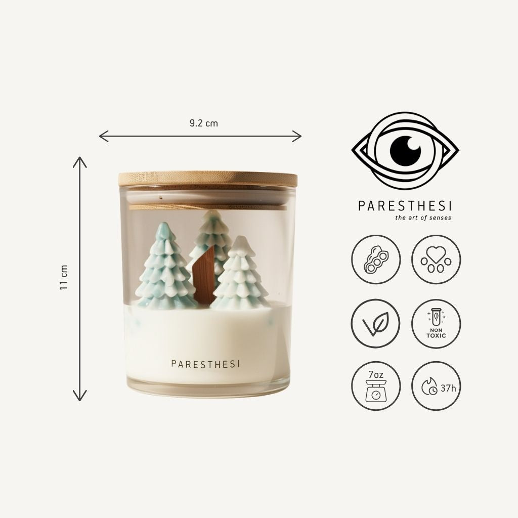 Candle with decorative trees inside, labeled 'PARESTHESI', with dimensions and icons on a white background.