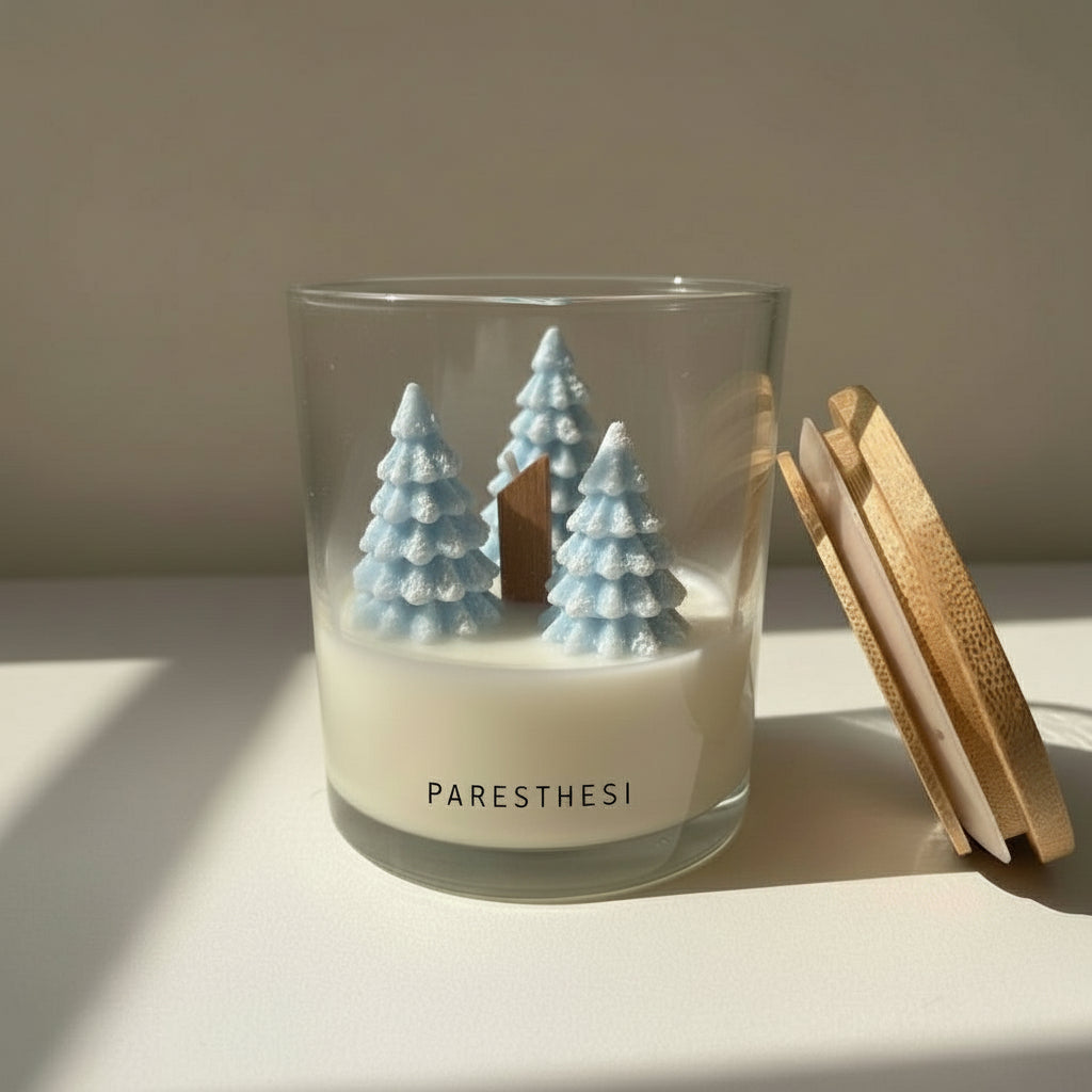 Candle with tree decorations and 'PARESTHESI' branding on a white background