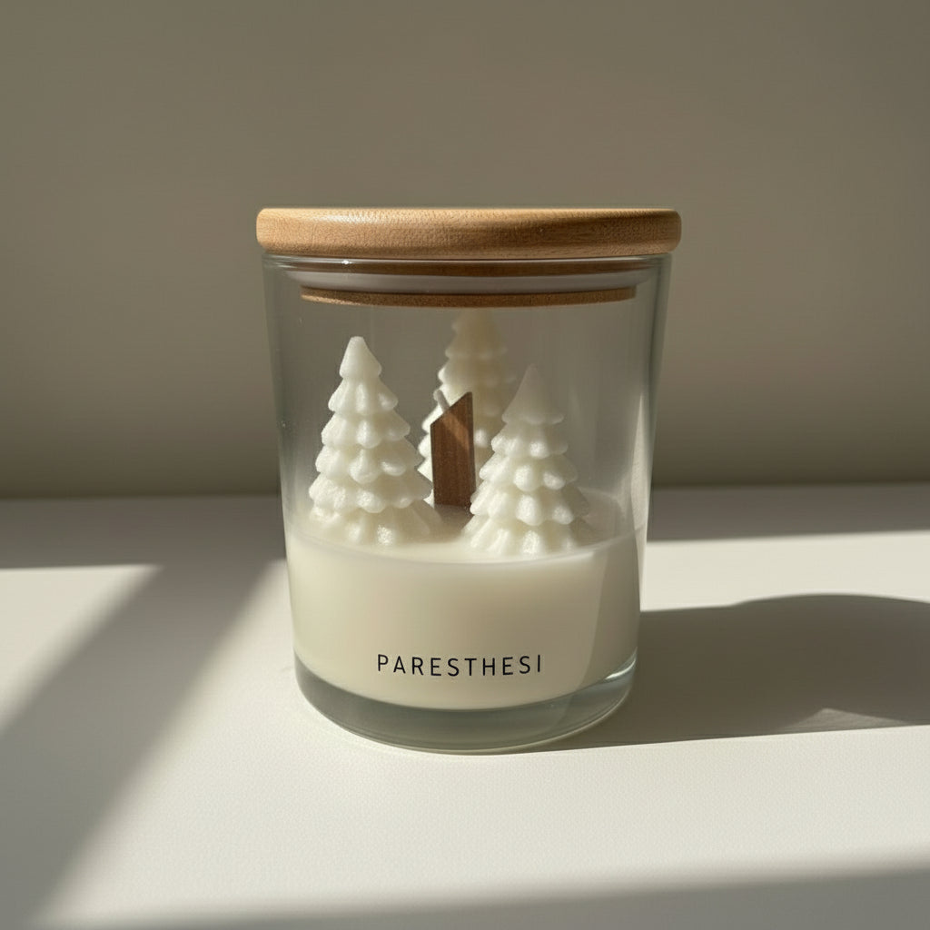 Candle with tree decorations and 'PARESTHESI' branding on a white background