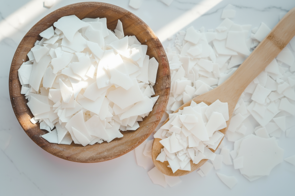 Wooden bowl and spoon filled with coconut flakes on a light background