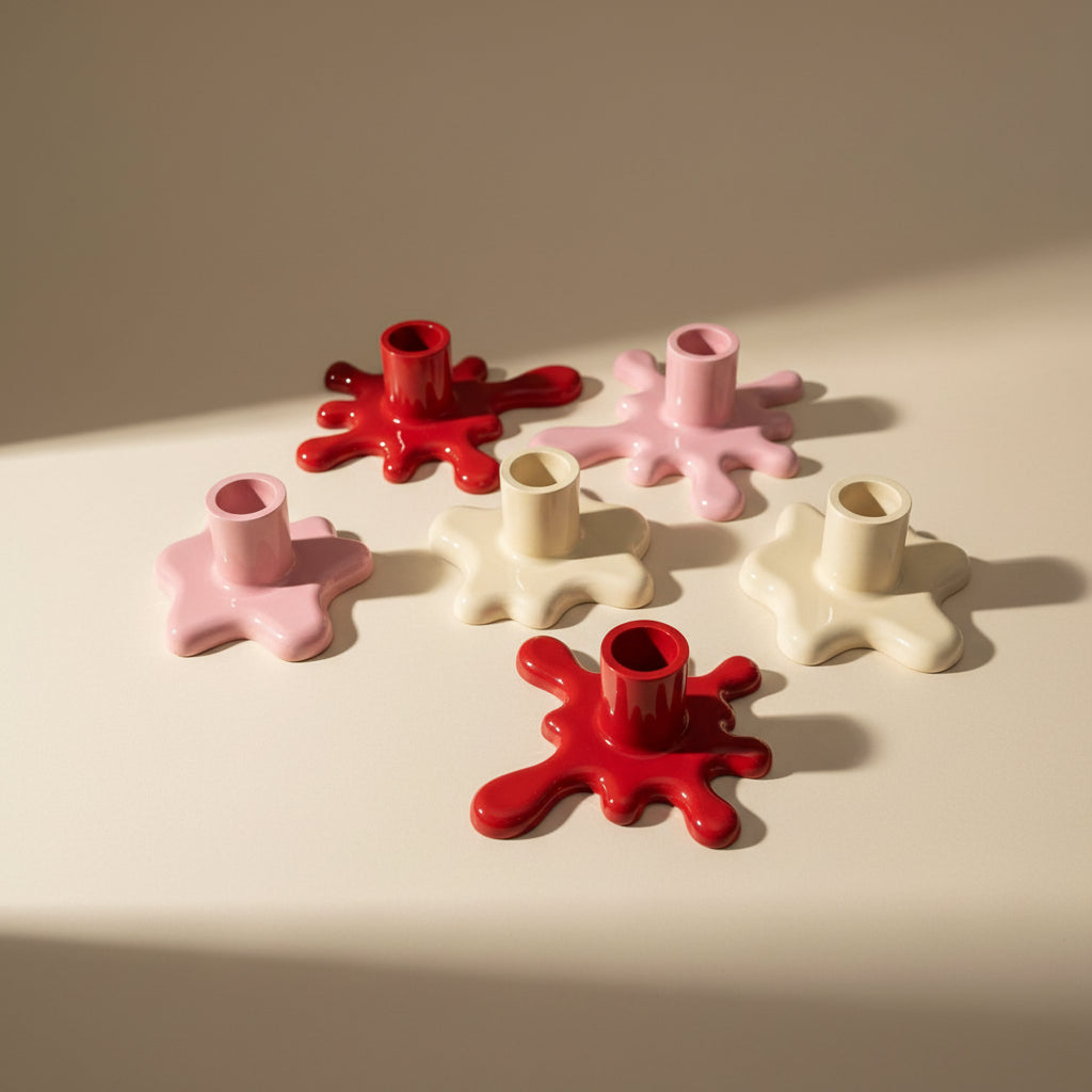 Porcelain candle holders in red, pink, and beige on a white surface.