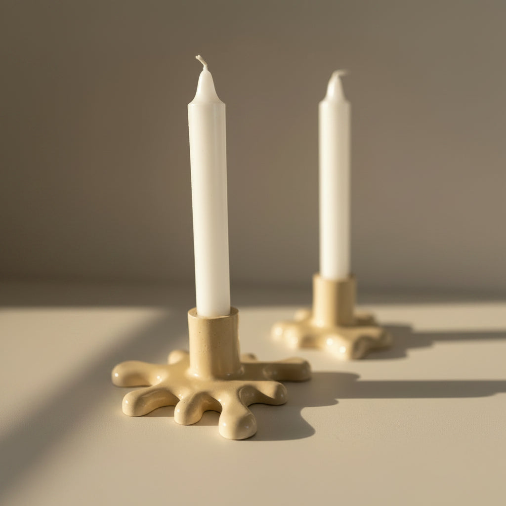 Two beige candle holders with white candles on a gray background