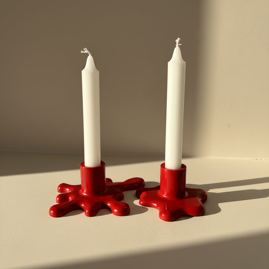 Two white candles in red candle holders on a neutral background