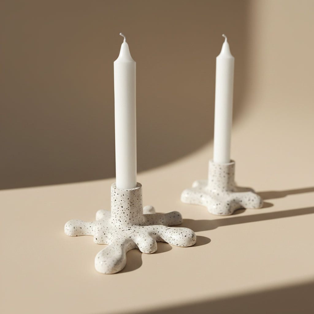 Two white candle holders with speckled black dots, with candles on a light gray surface