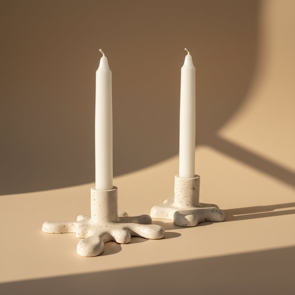Two white candles in decorative candle holders on a beige background
