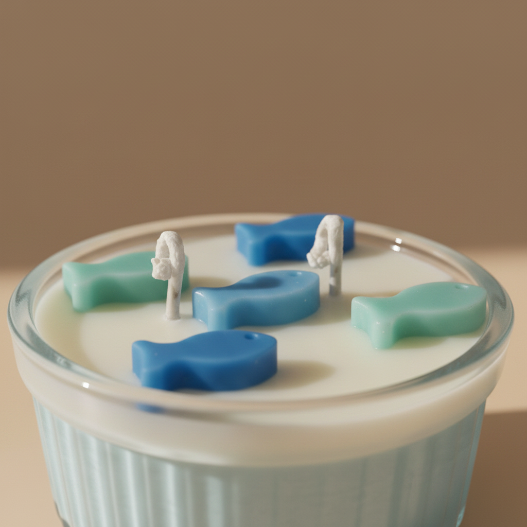 Candle with fish-shaped candles on a beige background