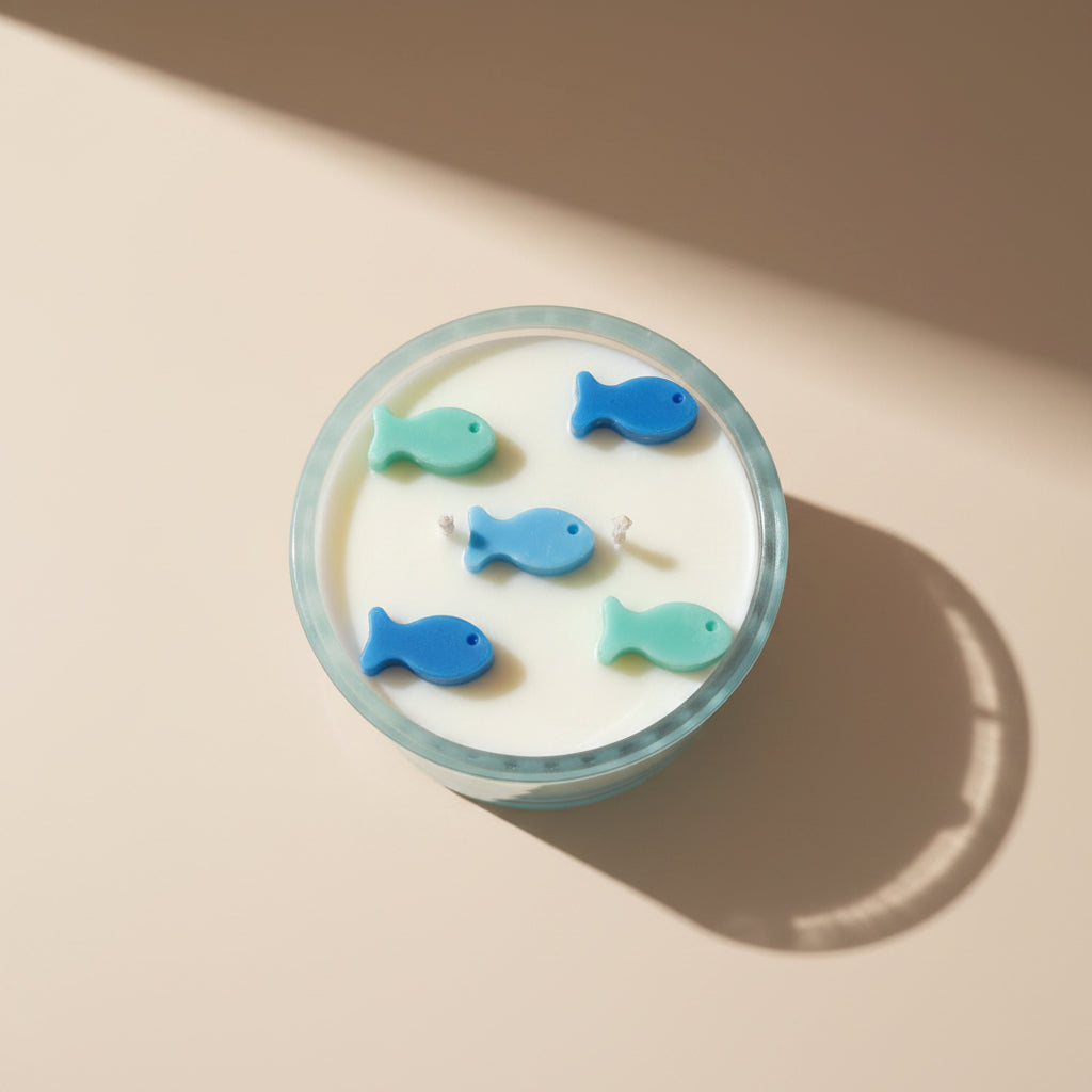 Candle with fish-shaped candles on a beige background