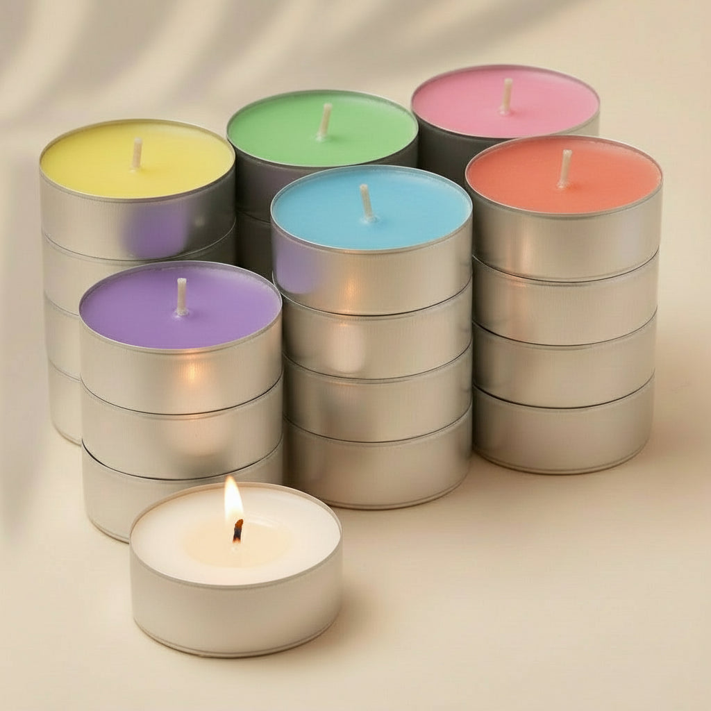 Stacks of silver tealights with white candle cores on a beige background