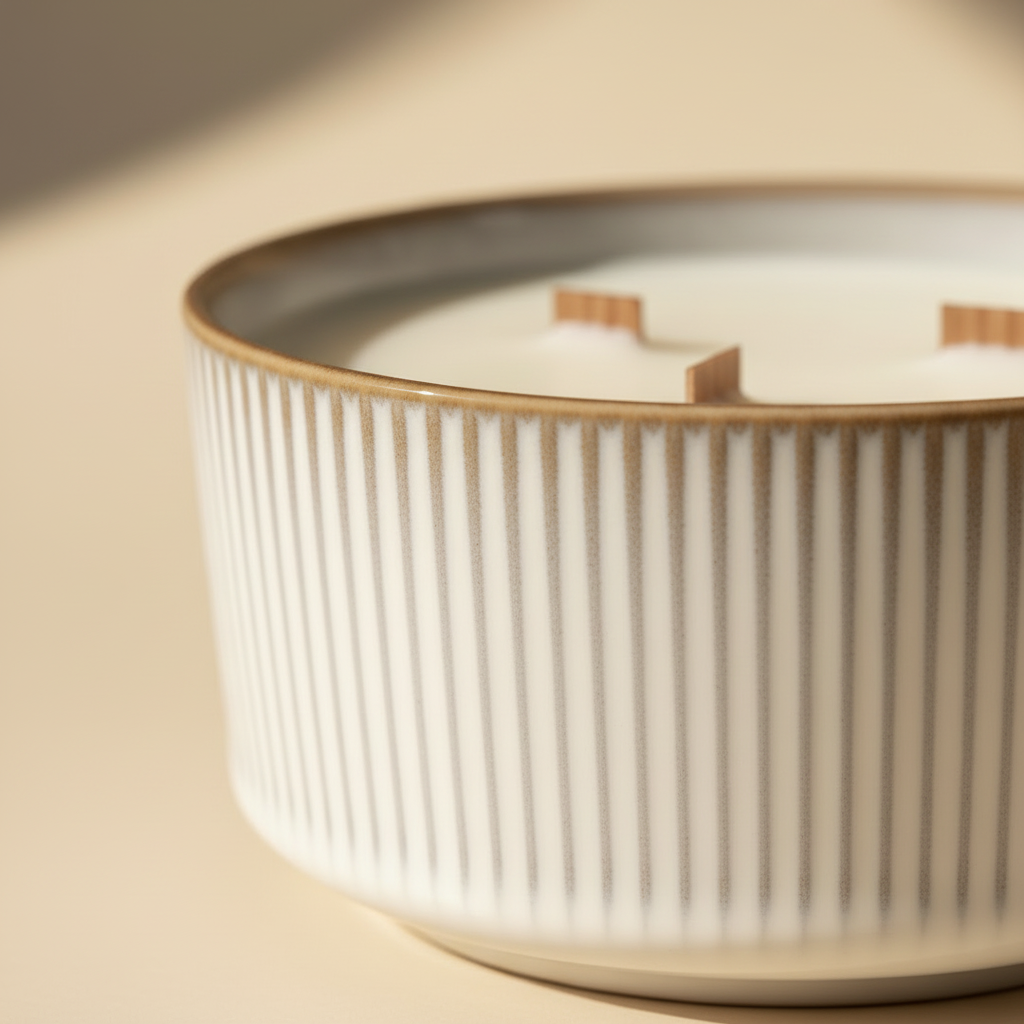 Candle in a ribbed ceramic holder on a beige background