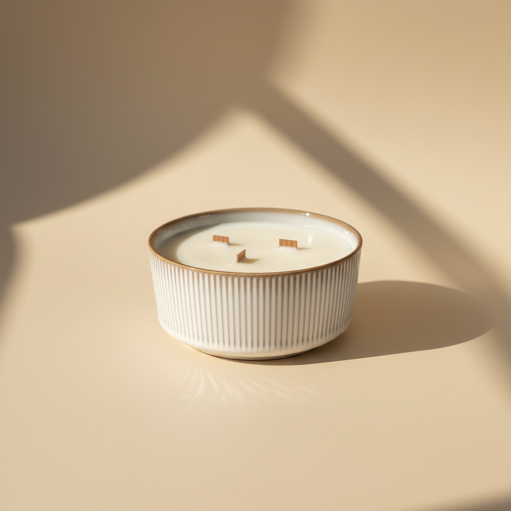 Ceramic candle with a textured design on a beige background