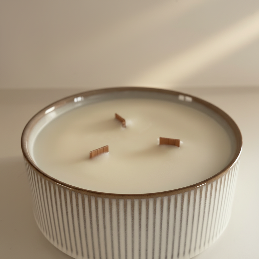 Ceramic candle with three wicks on a white surface with soft lighting