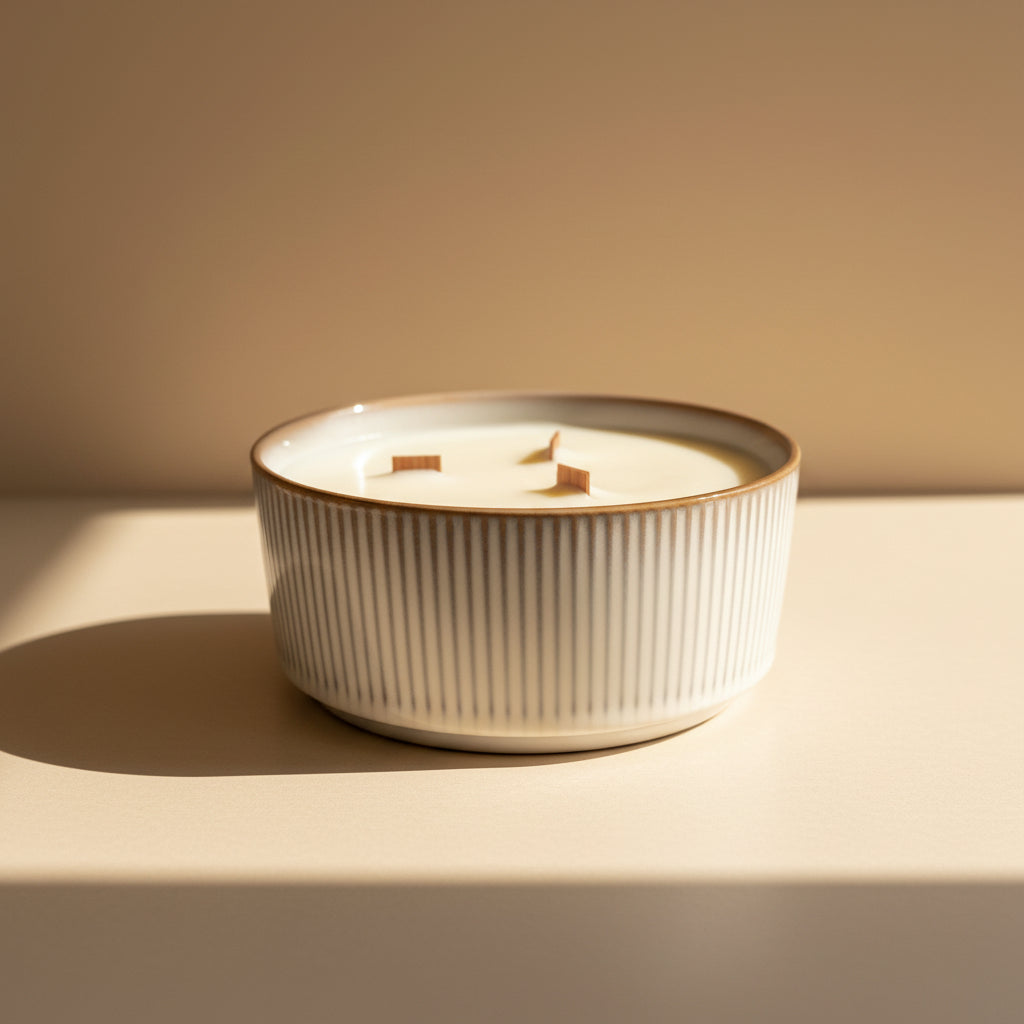 Ceramic candle holder with wooden wicks on a neutral background
