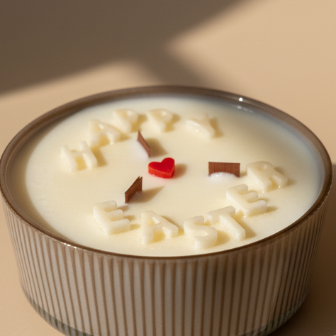 Candle with 'Happy Easter' text on a beige background