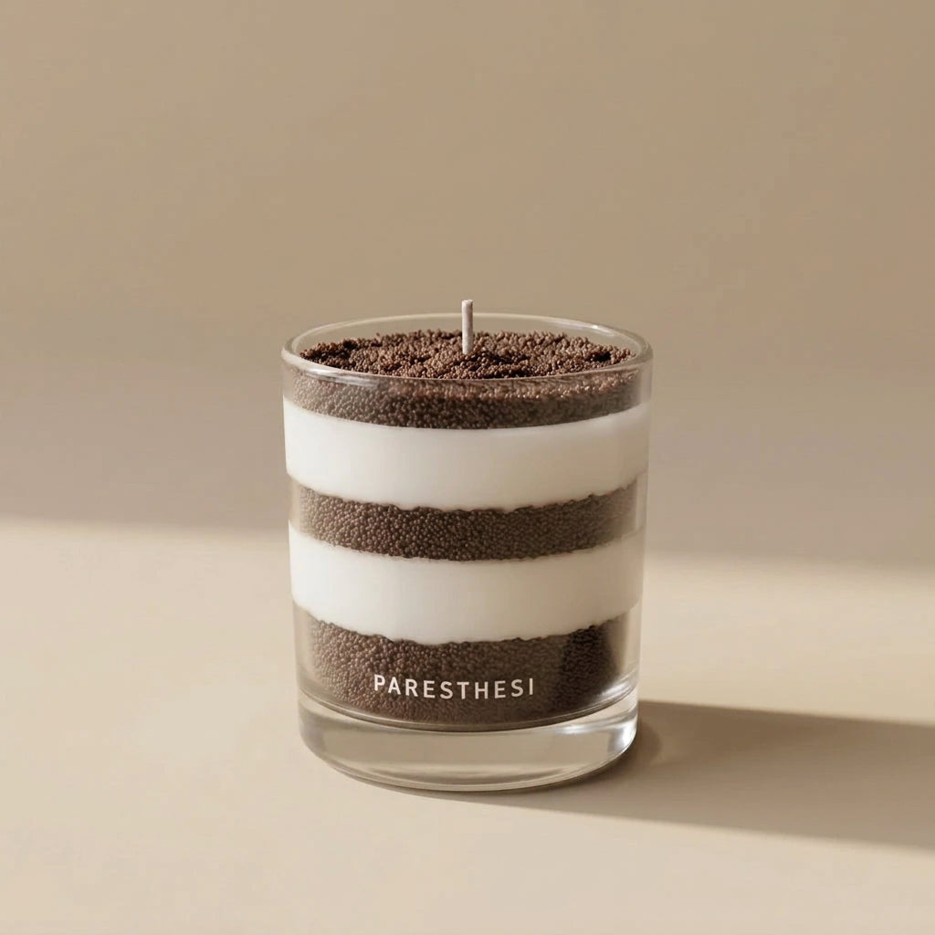 A layered candle in a clear glass jar with alternating white and dark brown bands, topped with brown crumb-like material and a single wick. The brand name 'PARESTHESI' is printed in white near the bottom.