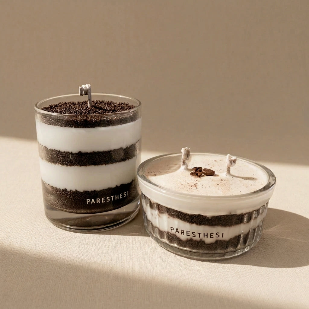 Two Paresthesi candles styled like Tiramisu dessert layers, one in a tall clear glass jar with a metal wick and one in a round glass dish with two wicks, both featuring three dark coffee beans and creamy off-white layers on a beige surface.