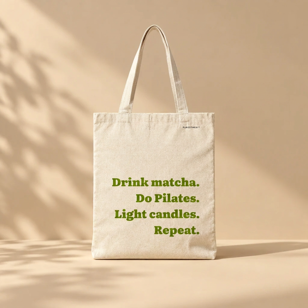 A natural canvas tote bag with olive green text reading 'Drink matcha. Do Pilates. Light Candles. Repeat'.