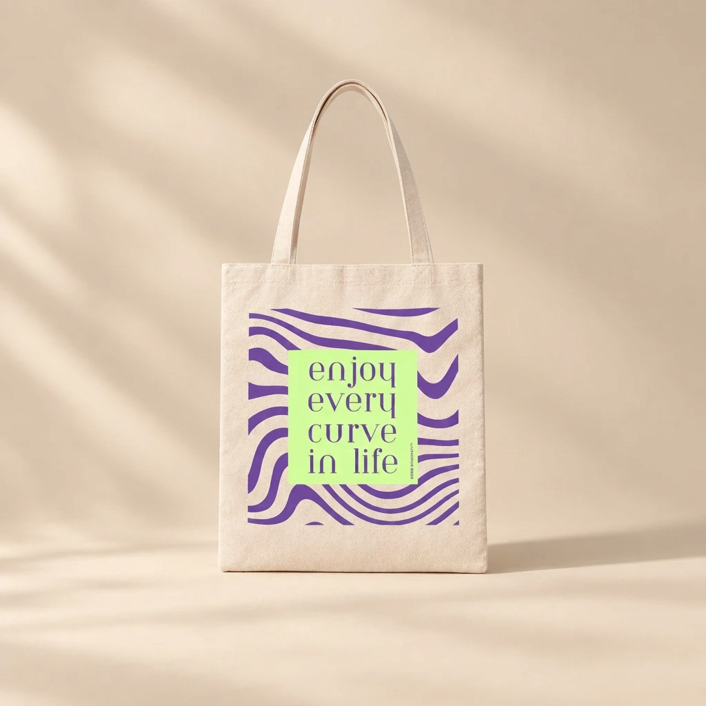 A natural canvas tote bag with purple wavy stripes and a central lime green square containing the text 'enjoy every curve in life' in purple, set against a warm beige background with soft leaf shadows.