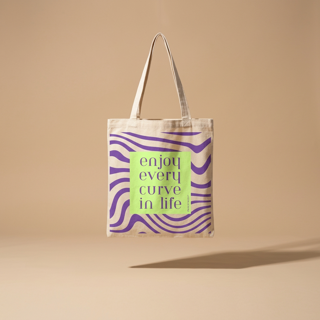 A canvas tote bag with a light beige base, decorated with purple wavy lines and a central lime green square containing the text 'enjoy every curve in life'.