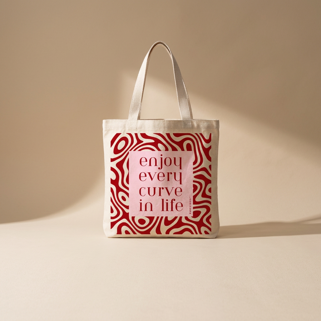 A canvas tote bag with cream-colored handles and a red and white wavy patterned design, featuring a central pink square with the text 'enjoy every curve in life'.