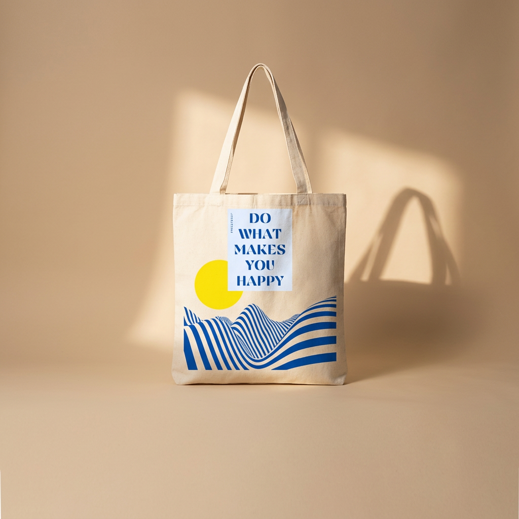 A beige canvas tote bag with a graphic print featuring a yellow sun, blue wavy lines, and a light blue text box that reads 'DO WHAT MAKES YOU HAPPY'.