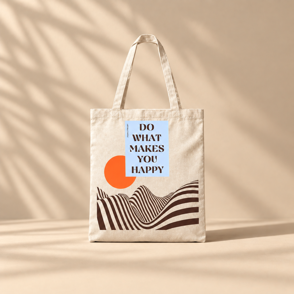 A beige canvas tote bag with dual shoulder straps, featuring a graphic print on the front with the text 'DO WHAT MAKES YOU HAPPY' in brown on a light blue block, a bright orange circle, and brown wavy striped lines at the bottom.