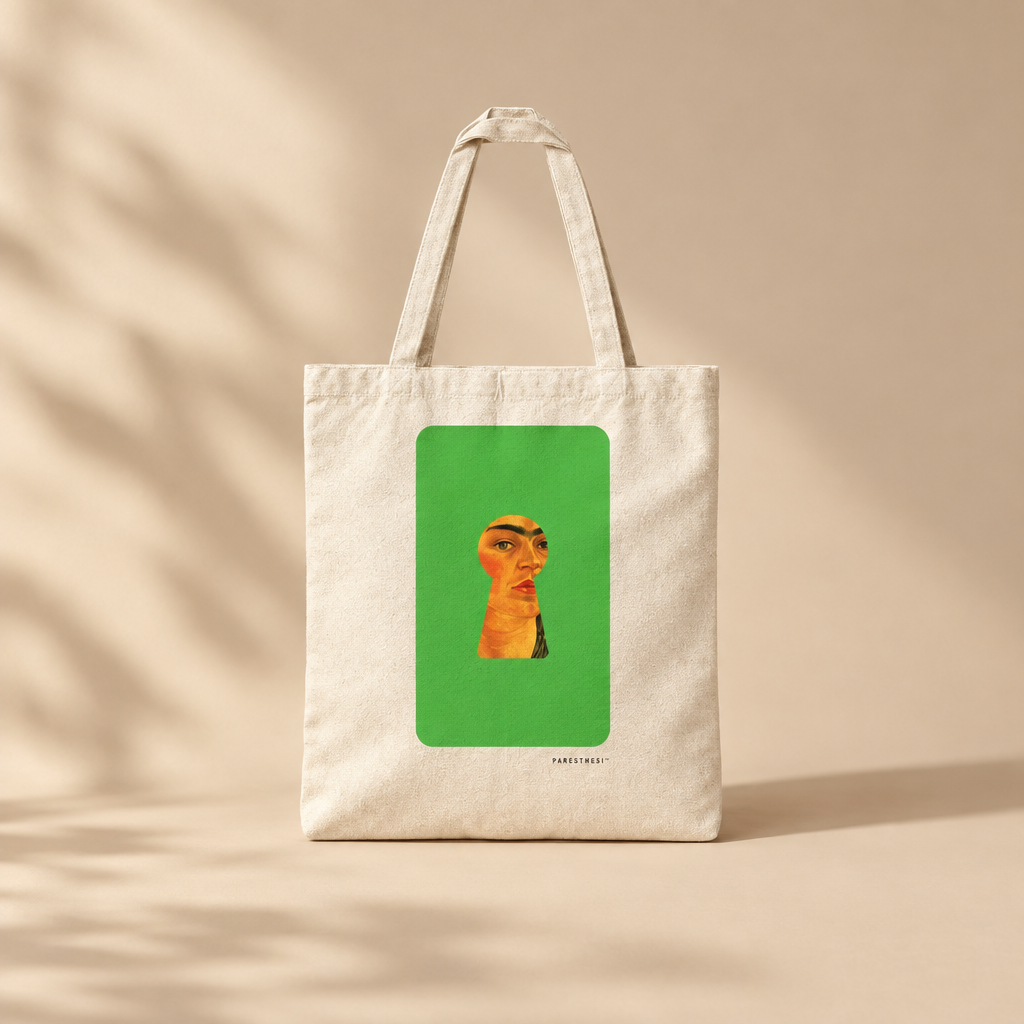 A natural canvas tote bag with a rectangular green graphic print on the front featuring a stylized portrait of Frida Kahlo, shown against a plain white background.